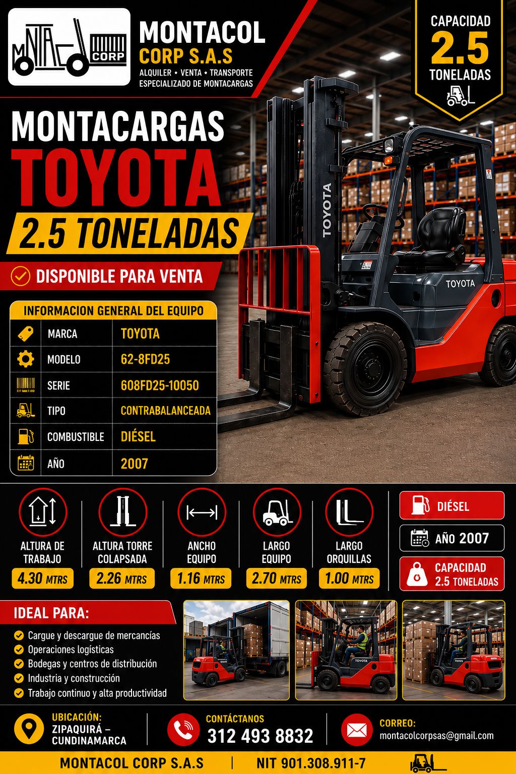 VENTA DE MONTACARGAS 2.5 TONELADAS DIESEL 